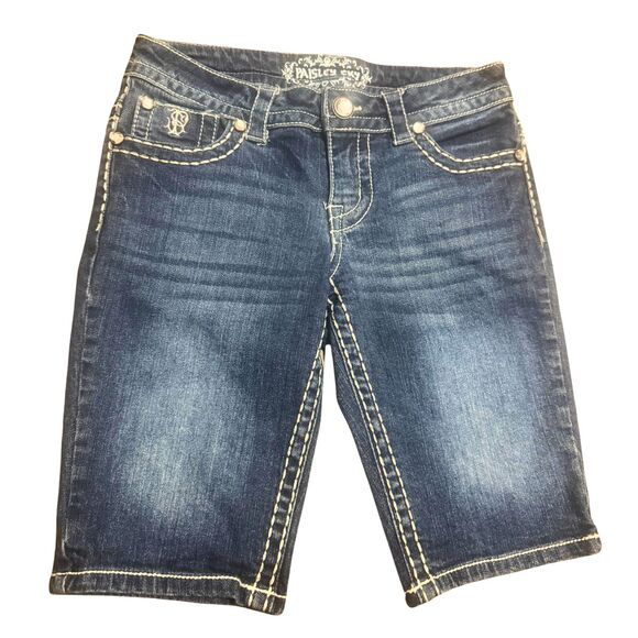 Blue Faded Denim Size 0 XS Edgy Y2K Style McBling Rocker Bedazzled Biker Shorts - Picture 1 of 3